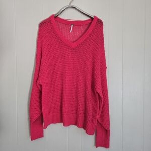 Free People Hot Pink V-Neck Open Knit Sweater